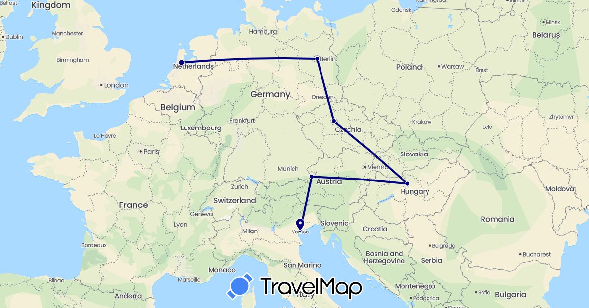 TravelMap itinerary: driving in Austria, Czech Republic, Germany, Hungary, Italy, Netherlands (Europe)